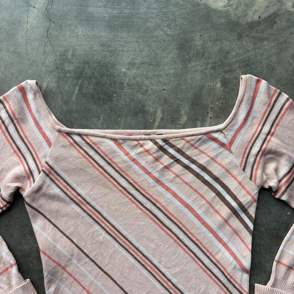 Guess Collection Long Sleeve Blouse Womens M Peach Brown Striped Square Neck Top - Picture 11 of 14
